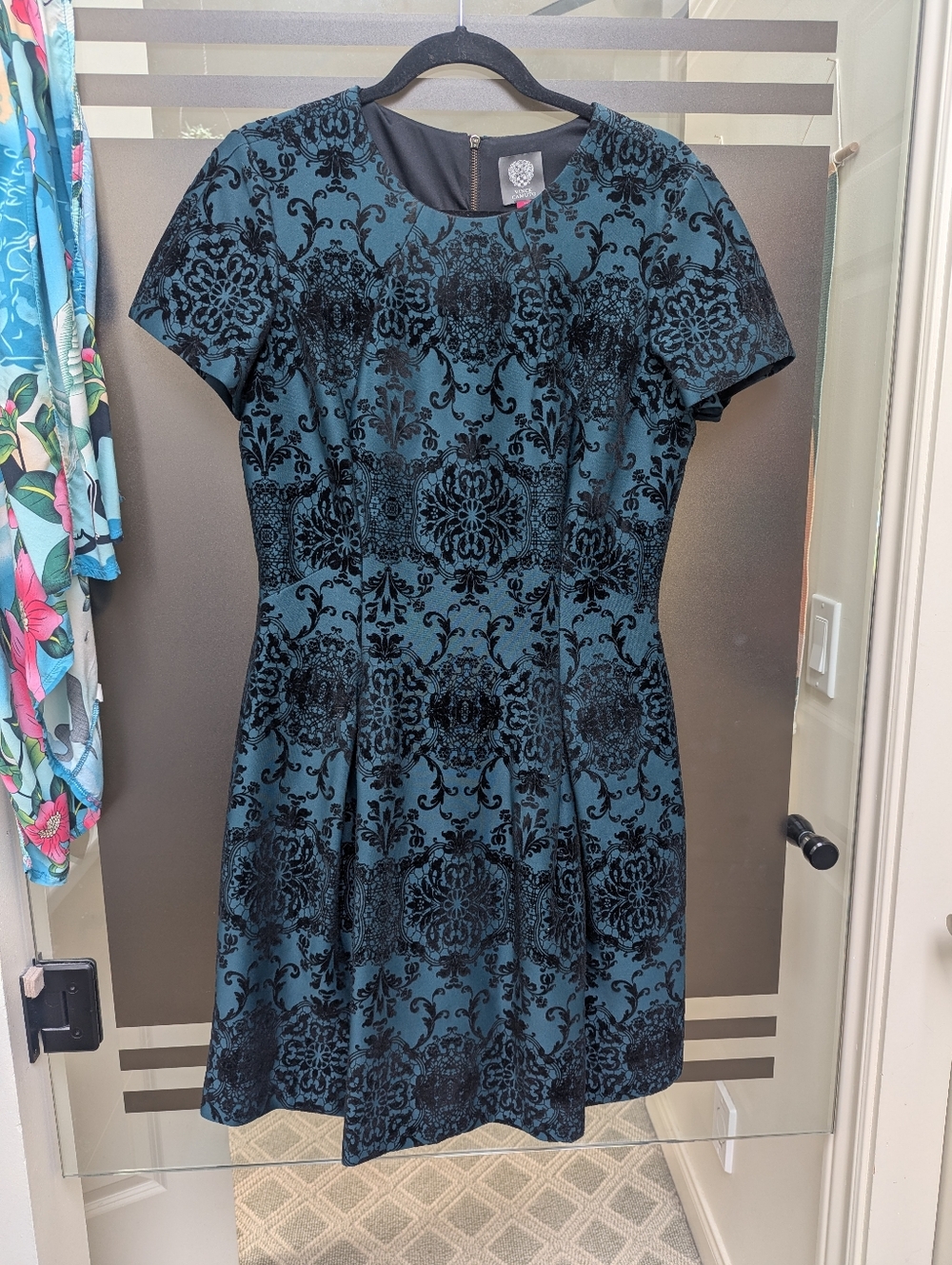 Vince Camuto Teal With Black Brocade Dress